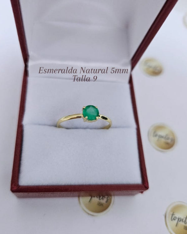 Anillo Esmeralda Natural 5mm, talla 9, oro 18k garantizado