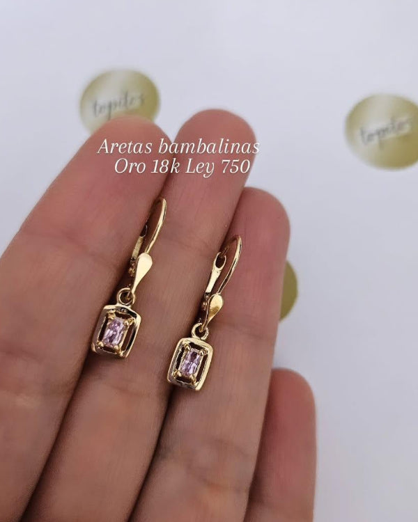Aretas bambalinas 2.2cm, con zircon suizo rosado, oro 18k ley 750
