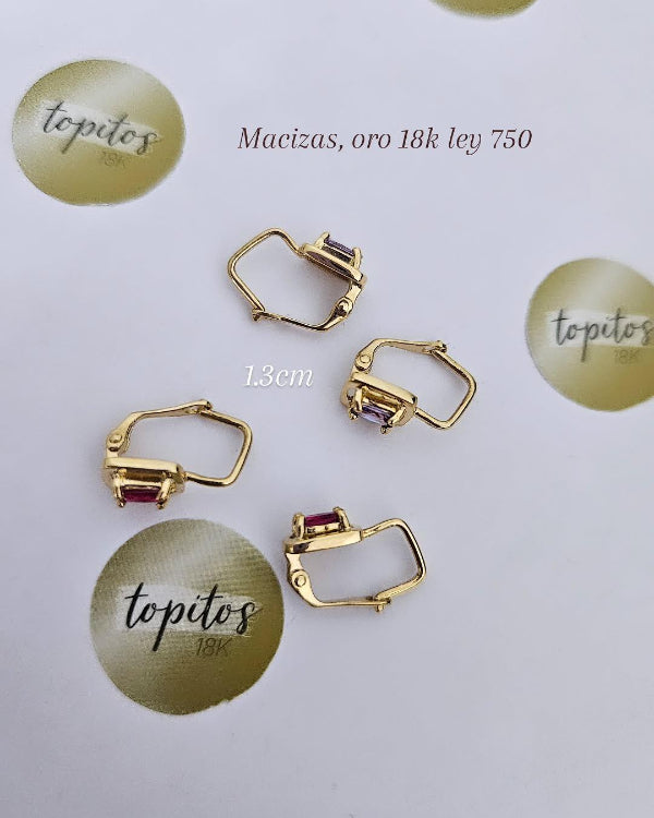 Aretes 1.3cm macizos, zircones suizos, oro 18k ley 750