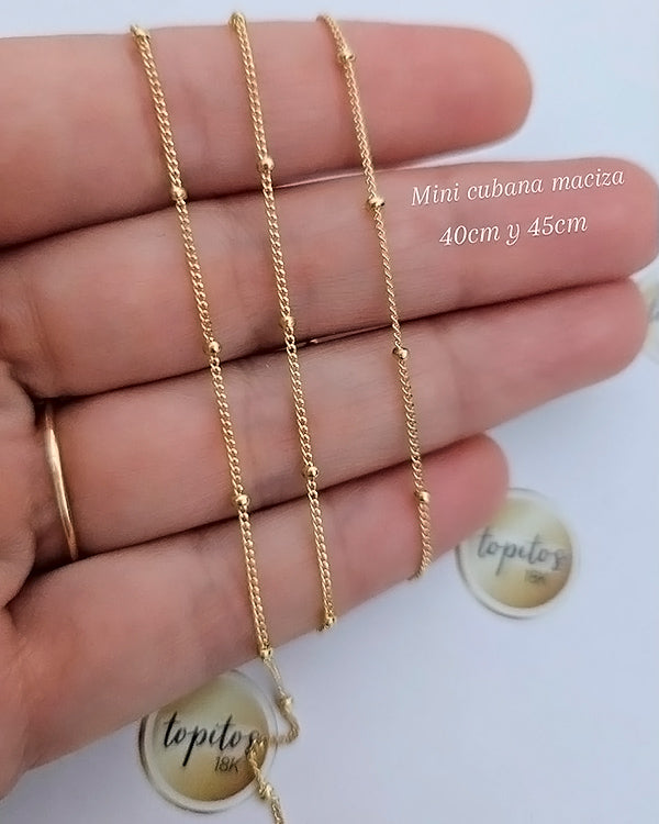 Cadena mini cubana bolitas, maciza, oro 18k italiano ley 750