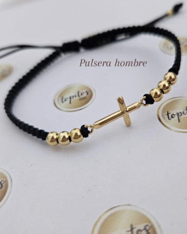 Pulsera Hombre, cruz 1.5cm y bolas 4mm