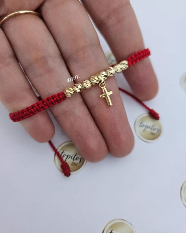 Pulsera Mujer, bolas diamantadas 4mm y dije cruz