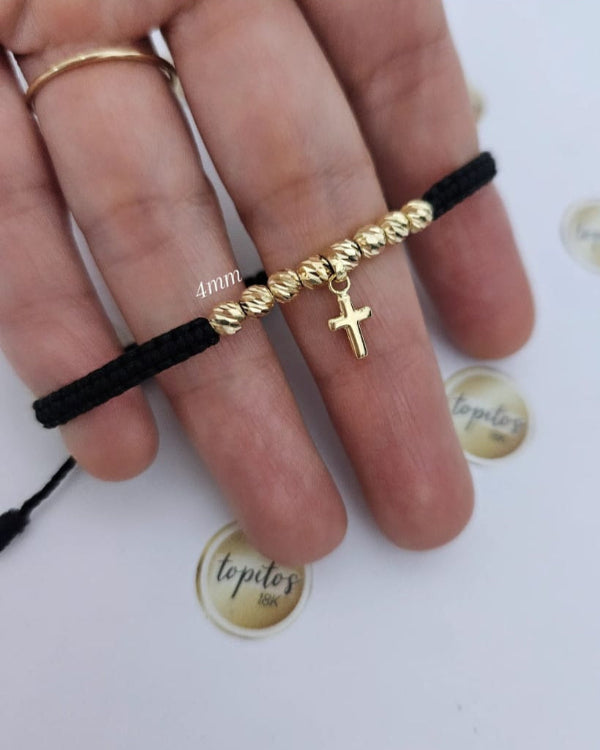 Pulsera Mujer, bolas diamantadas 4mm y dije cruz
