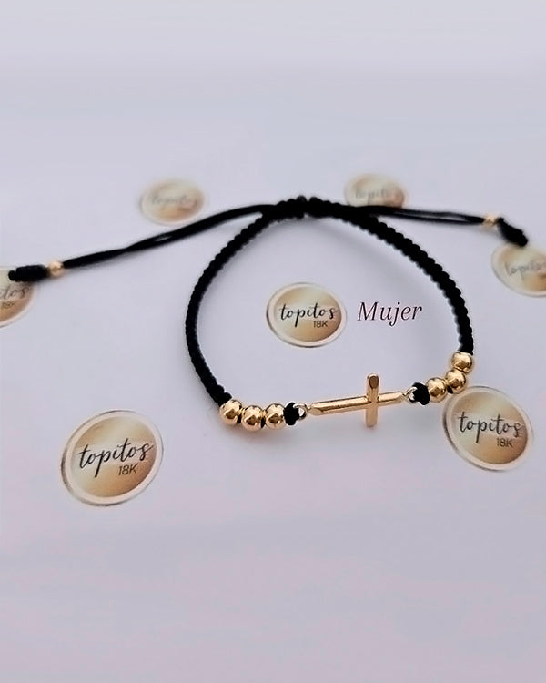 Pulsera Mujer, cruz 1.5cm y bolas 4mm