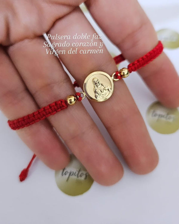 Pulsera doble faz, Virgen del carmen y Sagrado Corazón, bolas 4mm