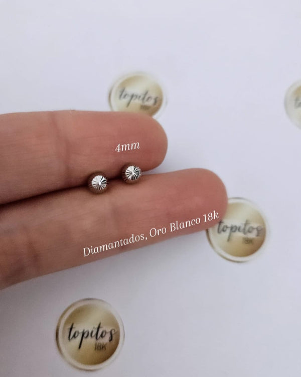 Topos Bola 4mm diamantados, Oro Blanco 18k