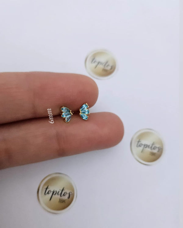 Topos flor 3 petalos 6mm, zircones azul turquesa