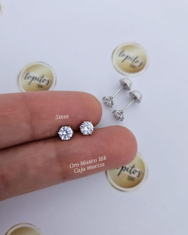 Topos zircones 5mm uñas, oro blanco 18k