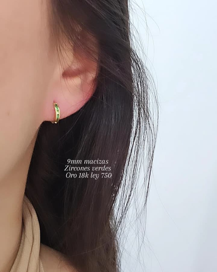 Mini candongas 9mm macizas, zircones verdes