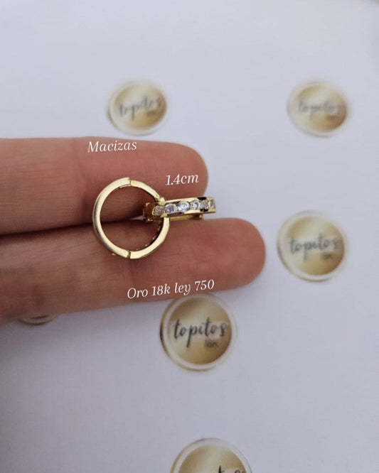 Candongas macizas 1.4cm con zircones, oro ley 750 18k