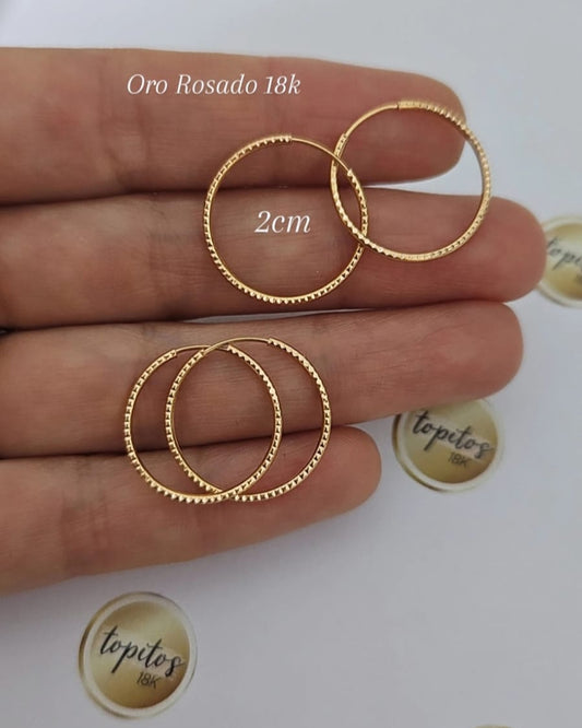 Candongas delgadas diamantadas 2cm, Oro Rosado 18k
