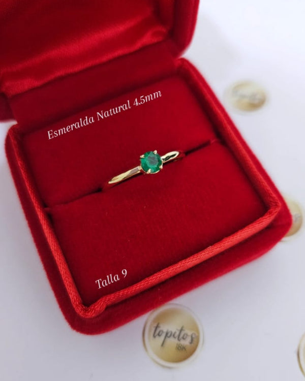 Anillo Esmeralda Natural 4.5mm, talla 9, oro 18k ley 750