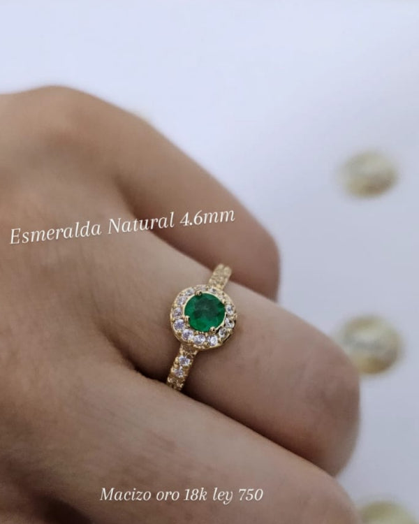 Anillo macizo, Esmeralda Natural 4.6mm, Oro 18k ley 750