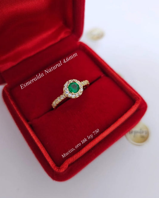 Anillo macizo, Esmeralda Natural 4.6mm, Oro 18k ley 750