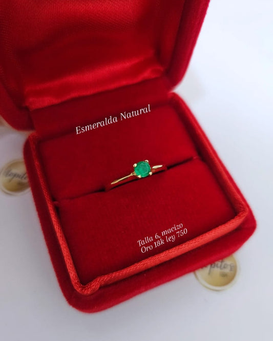 Anillo macizo, Esmeralda Natural 4mm, talla 6, Oro 18k ley 750