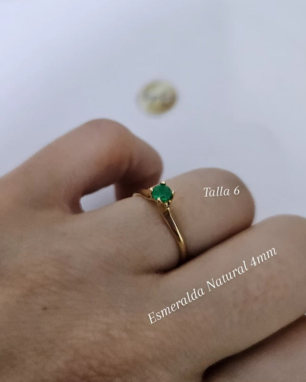 Anillo macizo, Esmeralda Natural 4mm, talla 6, Oro 18k ley 750