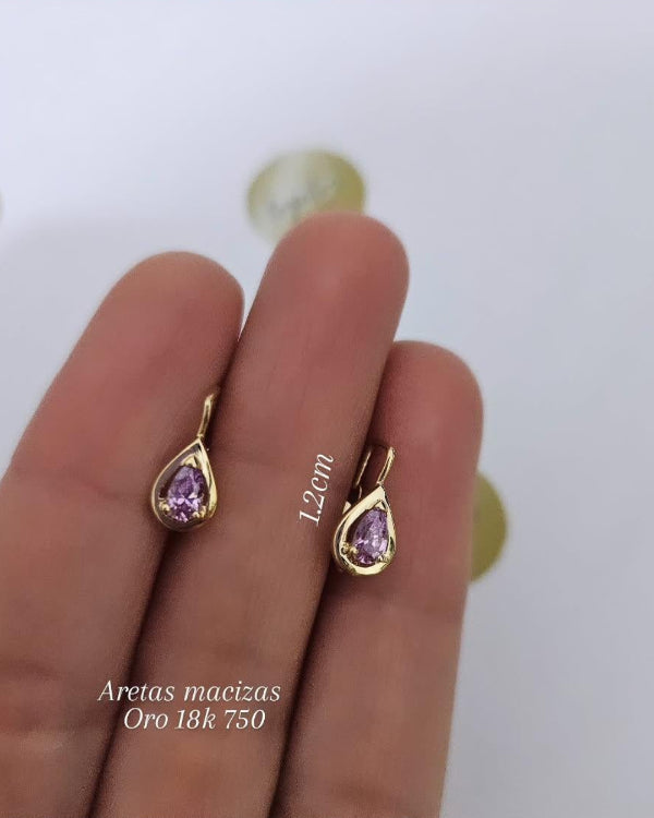 Areta gota maciza, zircones suizos, oro 18k ley 750