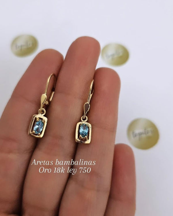 Aretas bambalinas 2.5cm, con zircon suizo azul turquesa, Oro 18k ley 750