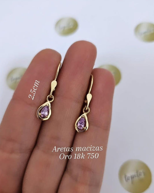 Aretas gota macizas, zircones suizos, oro 18k ley 750