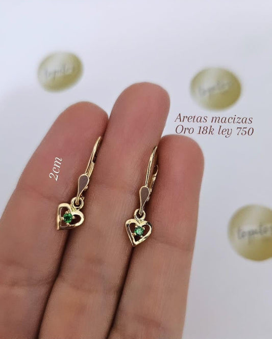 Aretas macizas corazon, zircon suizo verde, oro 18k ley 750