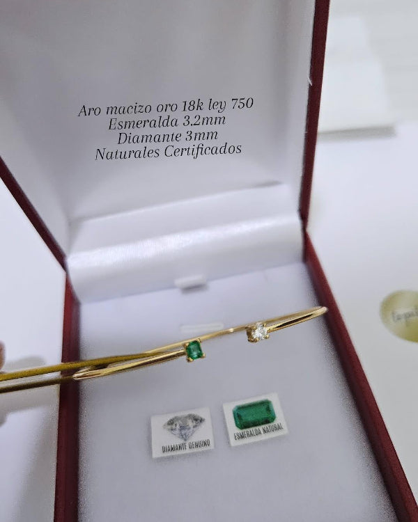Aro macizo, Esmeralda y Diamante Natural certificados, 0.22ct