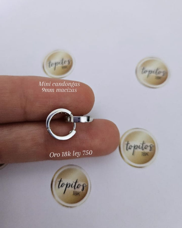 Mini candongas 9mm lisas macizas, Oro Blanco 18k ley 750