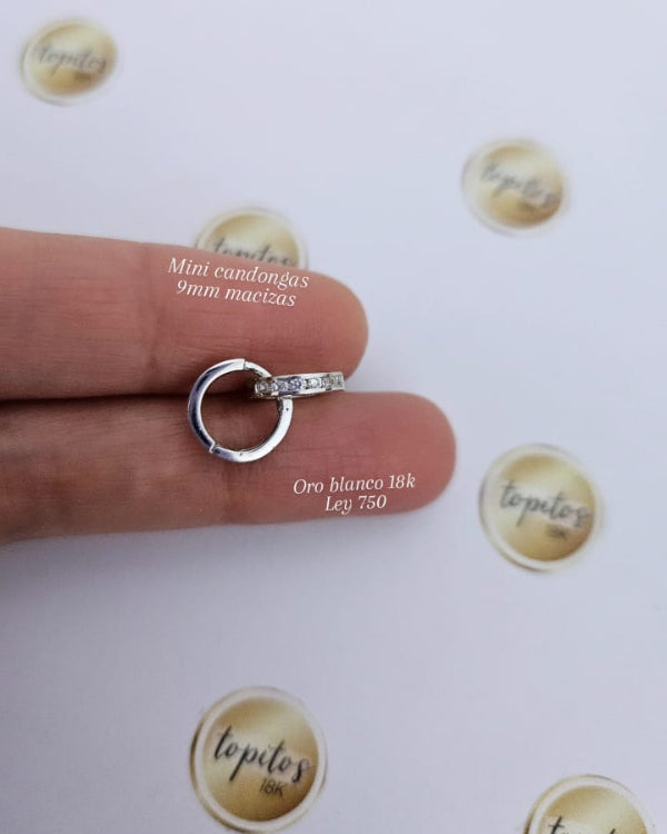 Mini candongas 9mm macizas, con zircones, Oro Blanco 18k ley 750