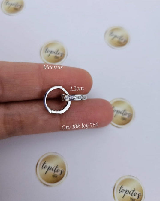 Candongas 1.2cm macizas, con zircones, Oro Blanco 18k ley 750