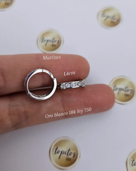 Candongas 1.4cm macizas, con zircones, Oro Blanco 18k ley 750