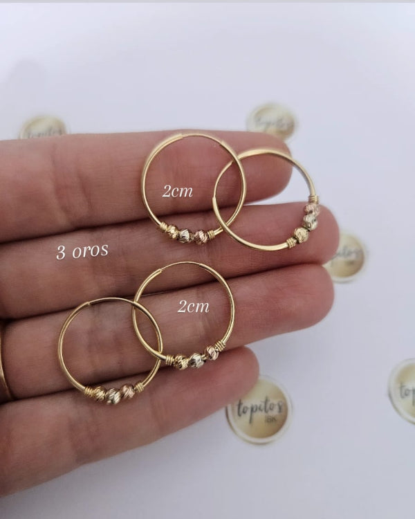 Candongas 2cm bolas diamantadas en 3 oros