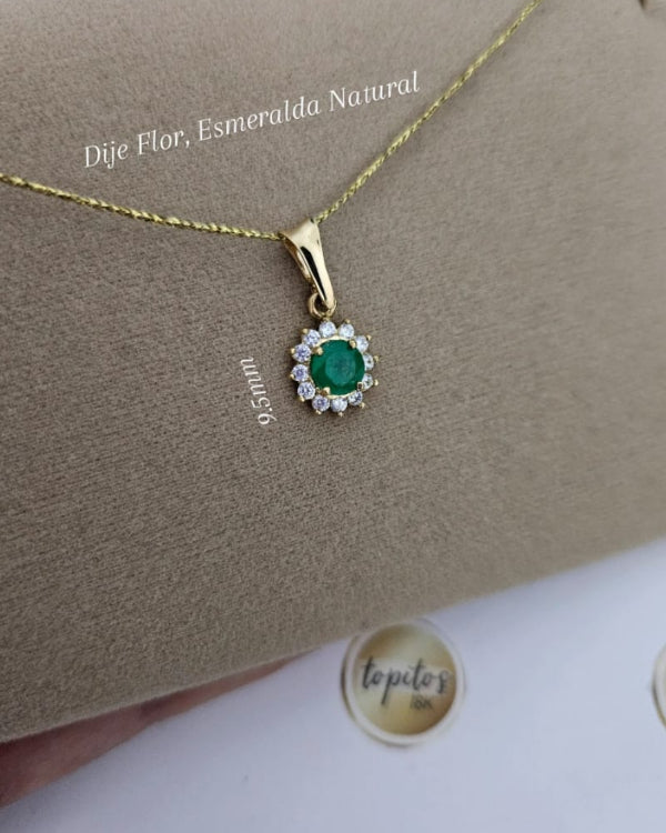 Dije Flor macizo, Esmeralda Natural 5mm, 0.55ct, oro 18k ley 750