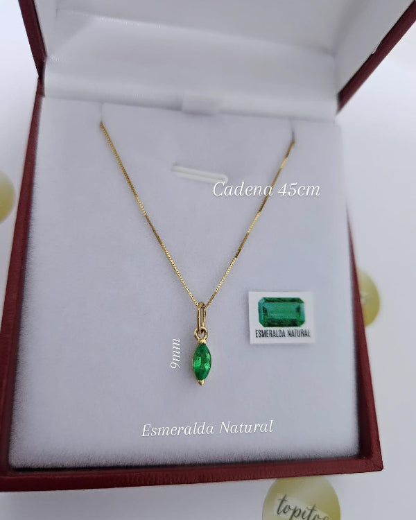 Juego, Cadena 45cm Veneciana y Dije Esmeralda corte Marquesa 9mm, oro 18k ley 750