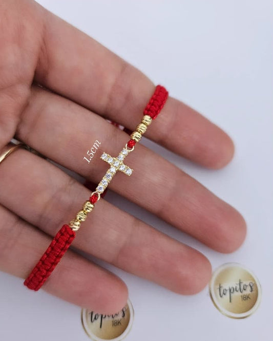 Pulsera Cruz maciza 1.5cm y bolas 3mm diamantadas