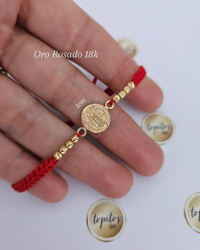 Pulsera San Benito macizo 1cm y bolas 3mm diamantadas, oro rosado 18k