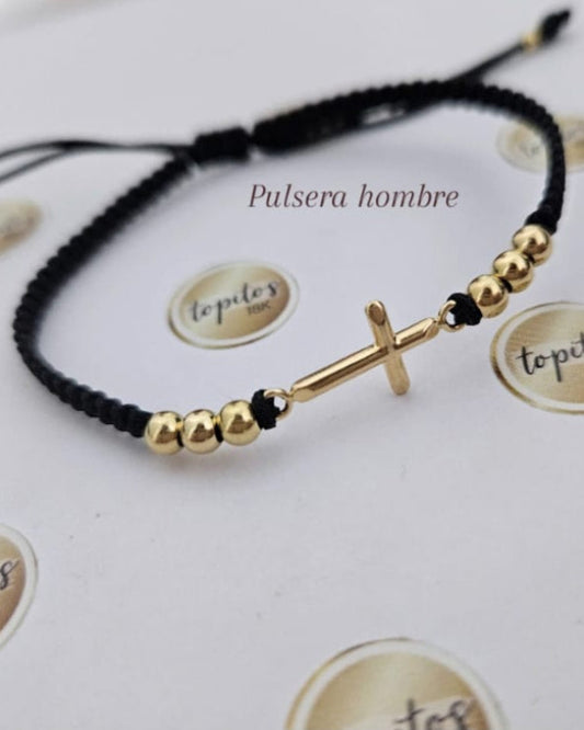 Pulsera Hombre, cruz 1.5cm y bolas 4mm
