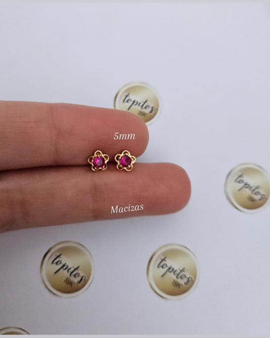Topos Flores 5mm zircones fucsia, caja maciza